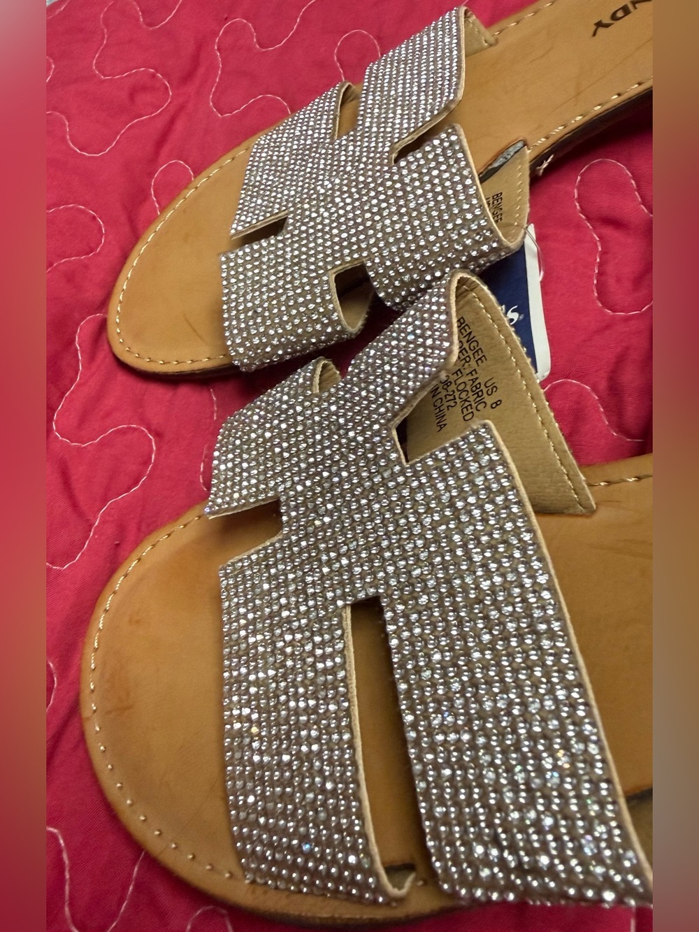 Rock & Candy Tan Slide Sandals with Sparkling Silver Straps